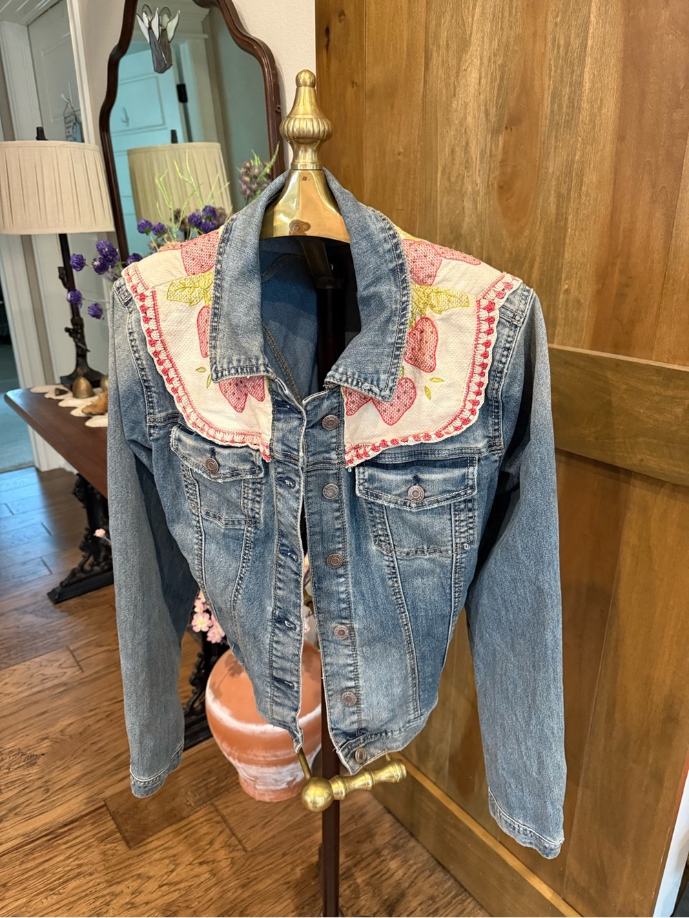 Repurposed Maurices Denim Jacket strawberry tea stained Bib Collar.